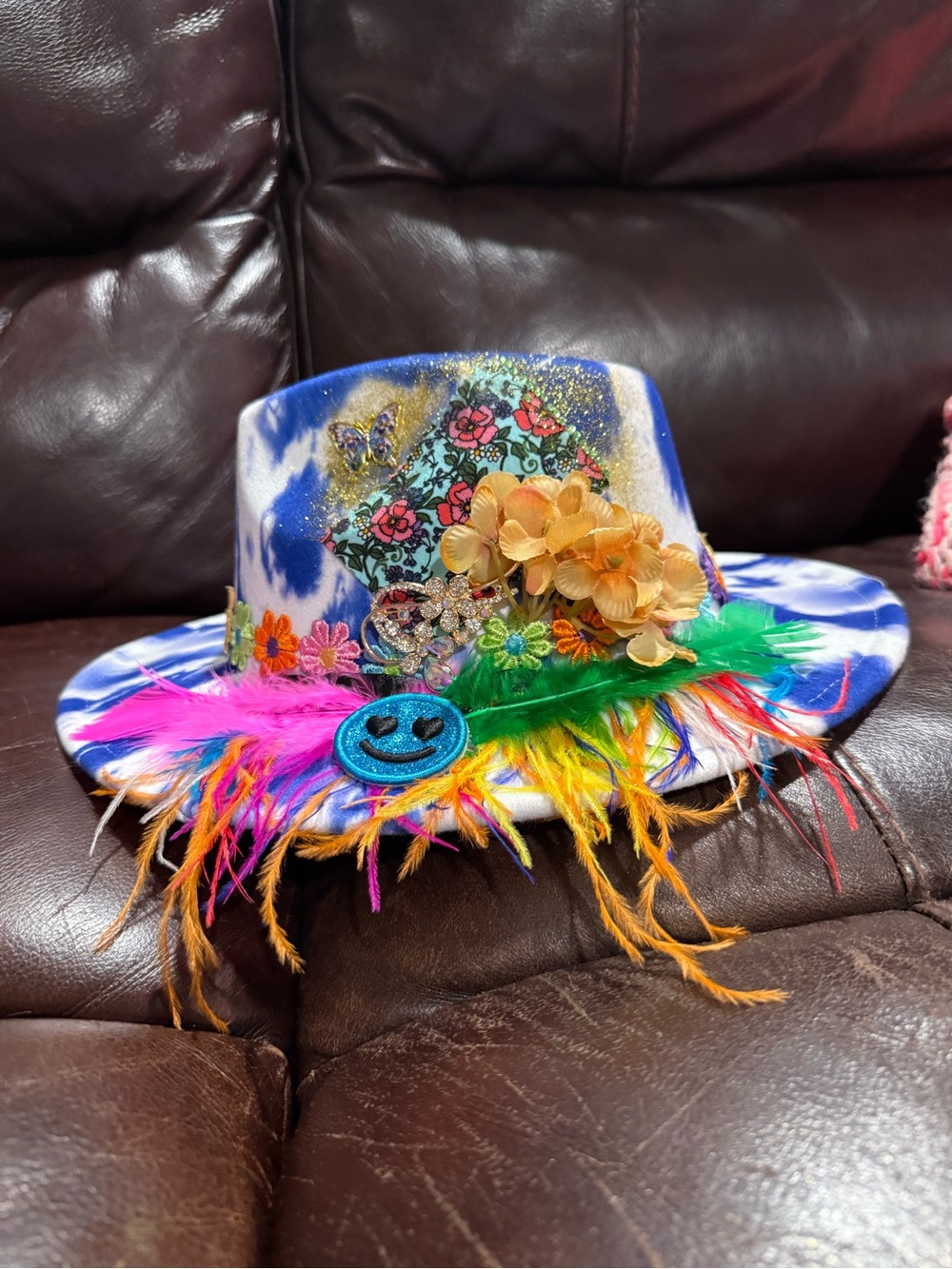 Tie-Dye Blue Fedora Hat with Multicolor Feather Trim